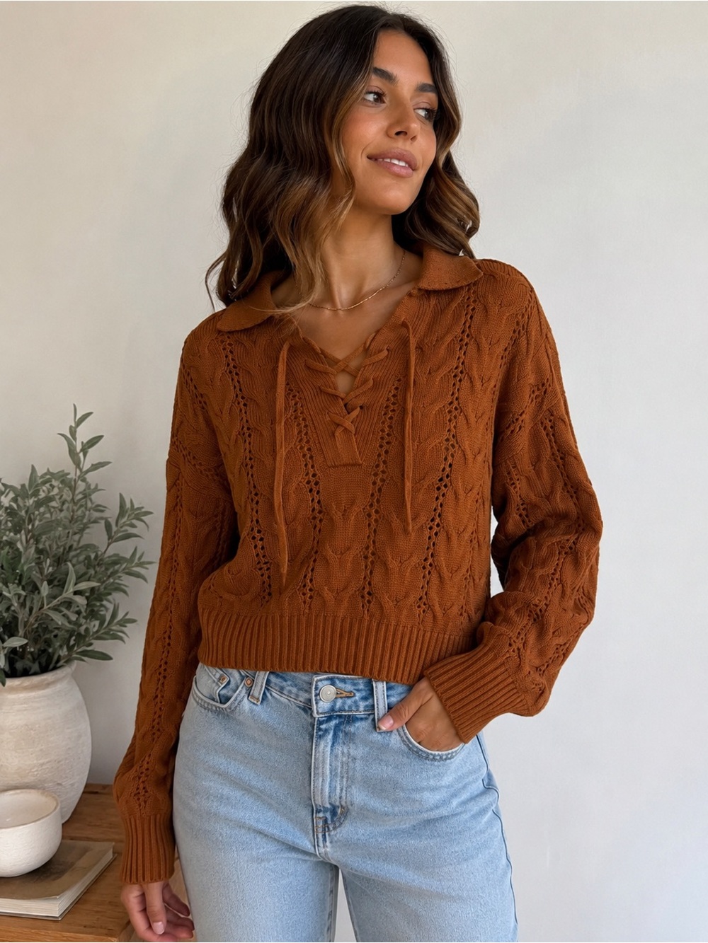 ANA Rust Cable Knit Lace-Up Collared‎ Sweater Size Medium